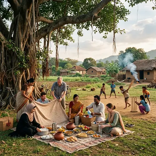 Rustic Indian Village Scene with Picnic and Cricket Game