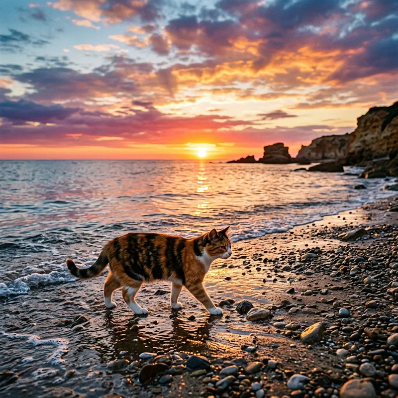 Captivating Sunset: Multi-Colored Cat by the Seaside