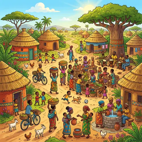 Vibrant Cartoon of an African Village