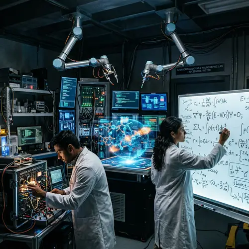 High-Tech Laboratory with Cryptic Monitors and Robotic Arms