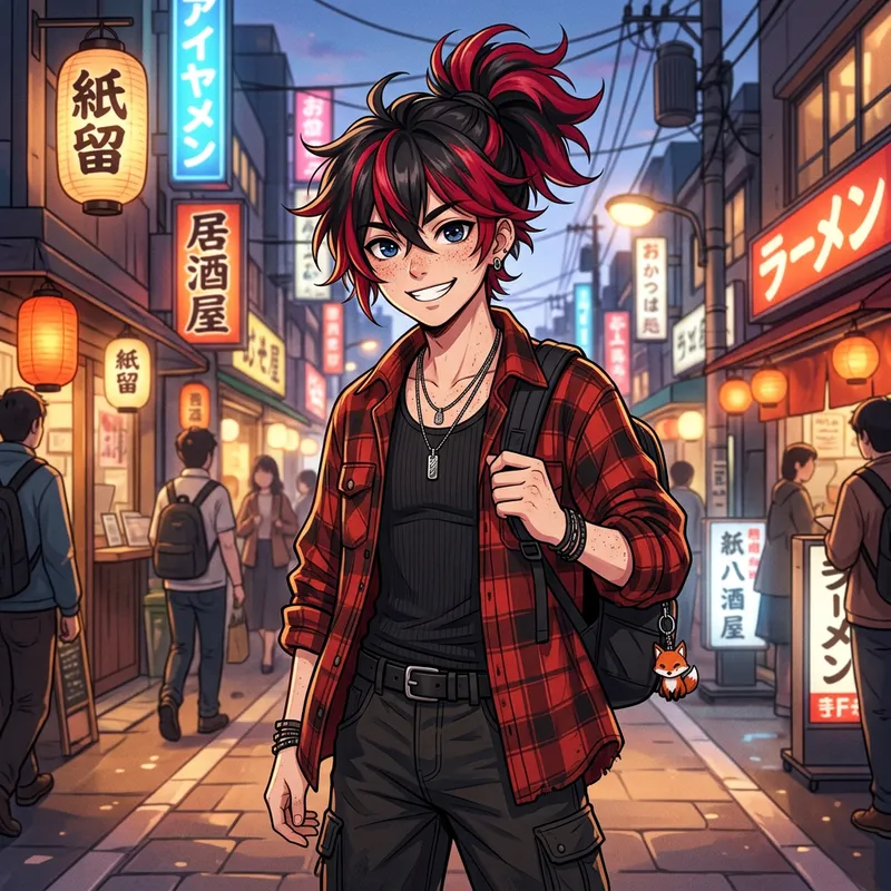 Vivacious Anime-Style Boy Character with Black and Red Hair Vivacious Anime-Style Boy Character with Black and Red Hair