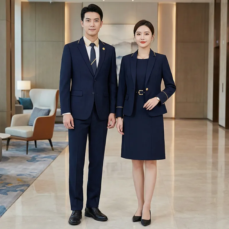 Elegant Receptionist Uniforms with Gold Accents Elegant Receptionist Uniforms with Gold Accents