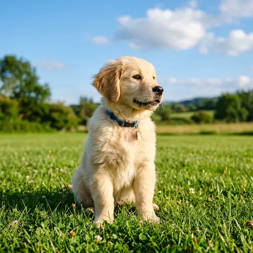 Adorable Fluffy Golden Retriever Puppy Sitting on Lush Green Lawn