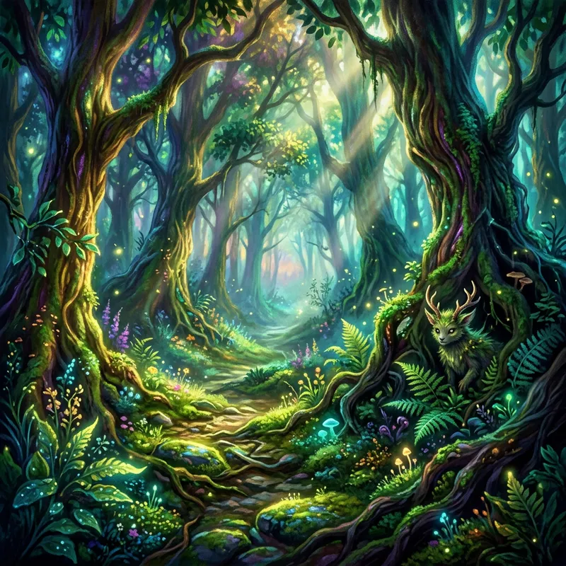 Enchanted Mystical Forest with Hidden Creature