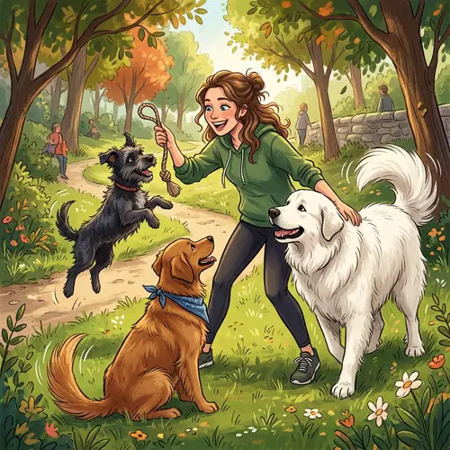 Caucasian Woman Playing with 3 Dogs | Energetic Scene