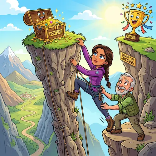 Hispanic Woman Climbing Cliff with Father's Support | Path to Success