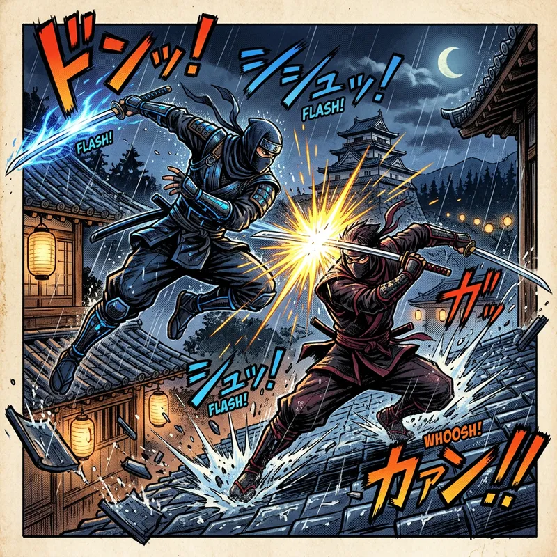 Fierce Ninja Battle in Vibrant Manga Style