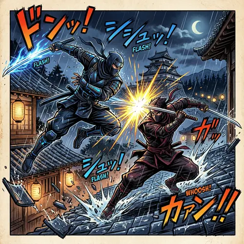 Fierce Ninja Battle in Vibrant Manga Style