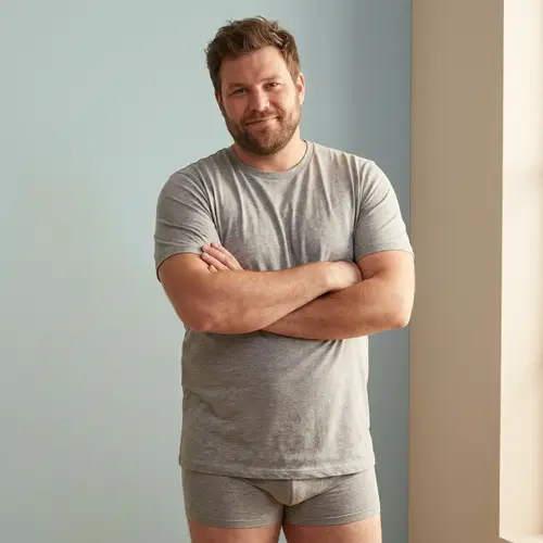 Confident Adult Caucasian Male in Casual Grey Undergarments