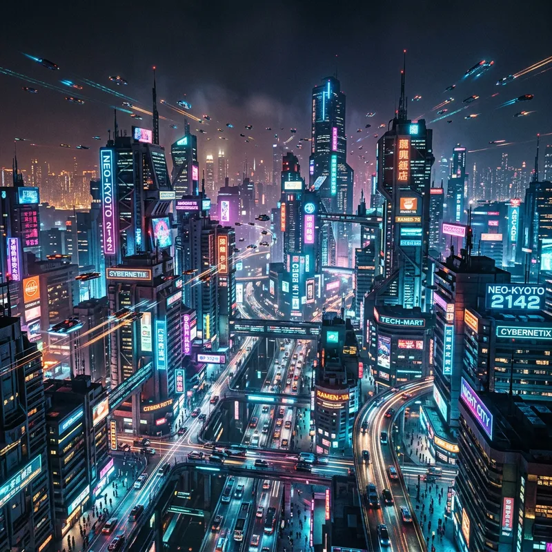 Bustling Cyberpunk City with Neon Skyscrapers & Flying Cars