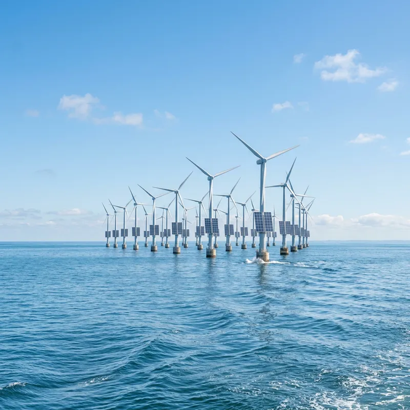 Wind Turbines and Solar Panels in Tranquil Seascape Wind Turbines and Solar Panels in Tranquil Seascape