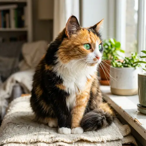 Fluffy Calico Domestic Cat | Emerald Eyes & Playful Stare