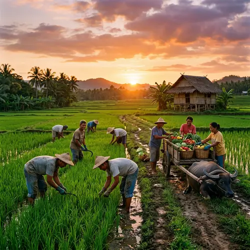 Filipino Farmers at Sunset in Lush Fields