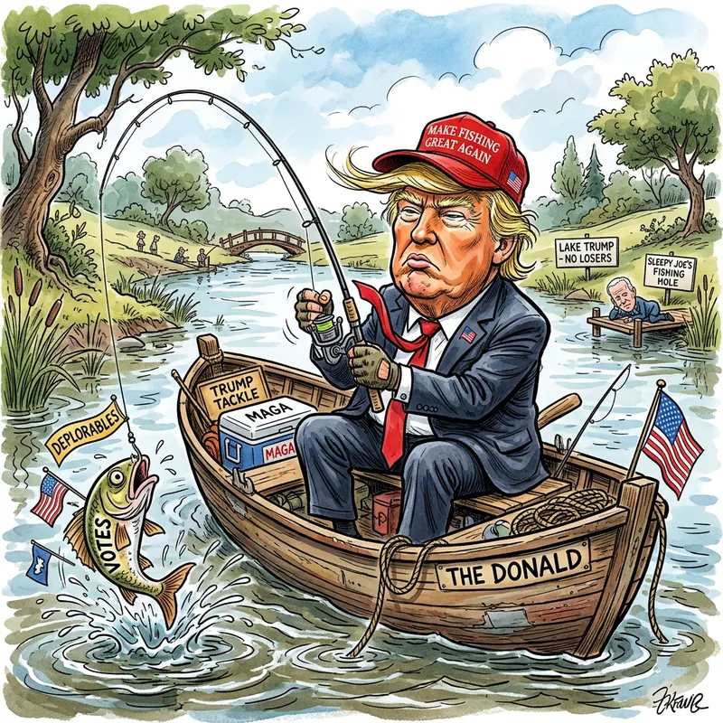 Donald Trump Fishing Caricature in a Small Boat