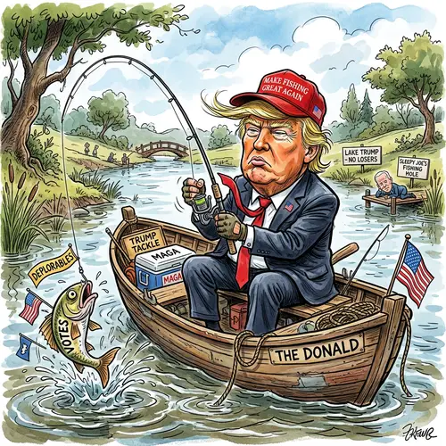 Donald Trump Fishing Caricature in a Small Boat