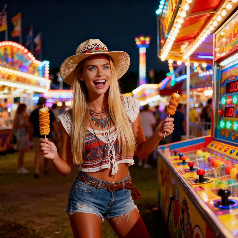 Joyful Woman at Summer Festival - Fun & Food