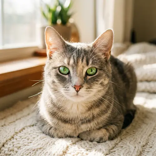 Comfortable Grey and White Cat with Bright Green Eyes