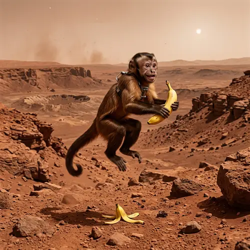 Playful Monkey on Mars Enjoying Banana Delight