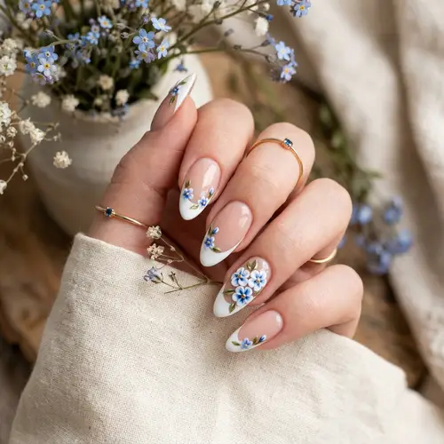 Elegant Almond-Shaped French Tip Nails with Blue Flowers