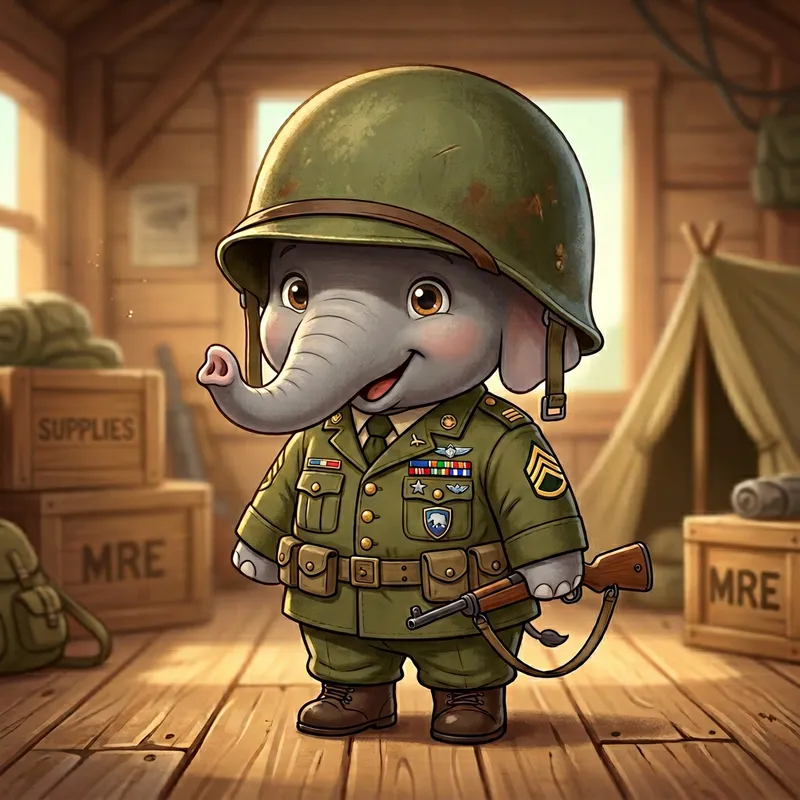 Cute Cartoon Elephant in Military Uniform