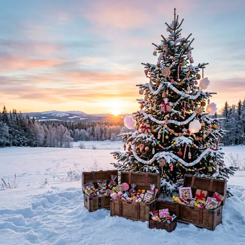 Snowy Field Pine Tree with Sweet Treat Decorations