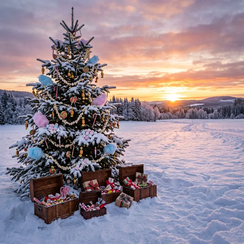 Spruce Tree Adorned with Sweets in Snowy Sunrise Field Spruce Tree Adorned with Sweets in Snowy Sunrise Field