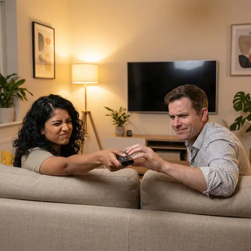 Intense Remote Battle on Beige Couch in Modern Living Room