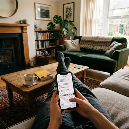 Cozy Living Room POV: Enjoying Mobile Messages