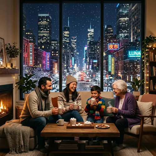 Cozy Evening with Diverse Individuals in Urban Cityscape