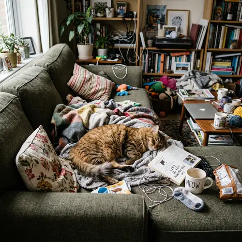 Relaxed Cat Lying on Sofa Amidst Chaos