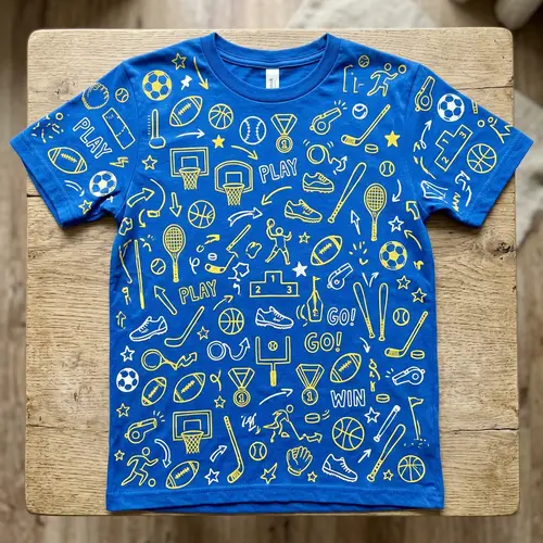 Blue and Yellow Sports Doodle T-shirt