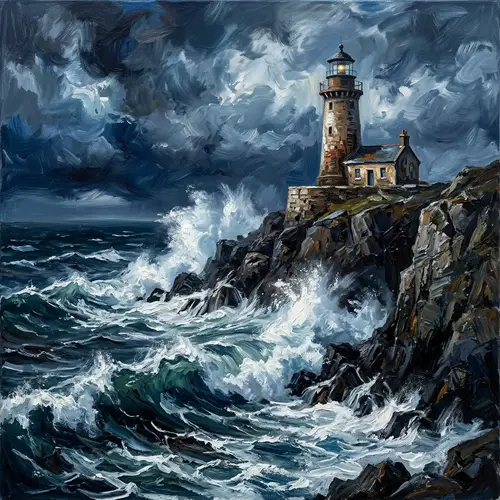 Dramatic Lighthouse Oil Painting on Rugged Cliff