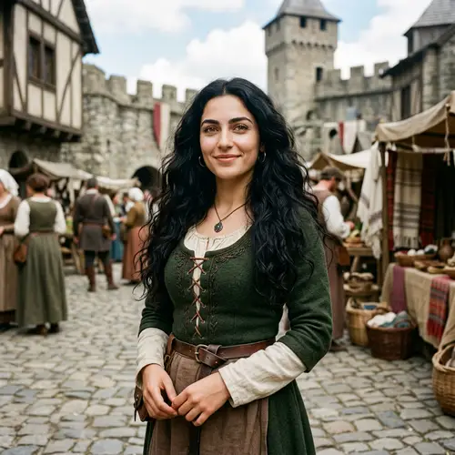 Medieval Girl with Long Wavy Hair and Brown Eyes