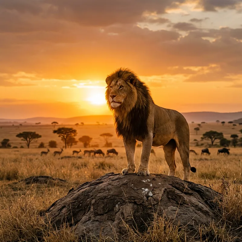 Majestic Lion at African Sunset