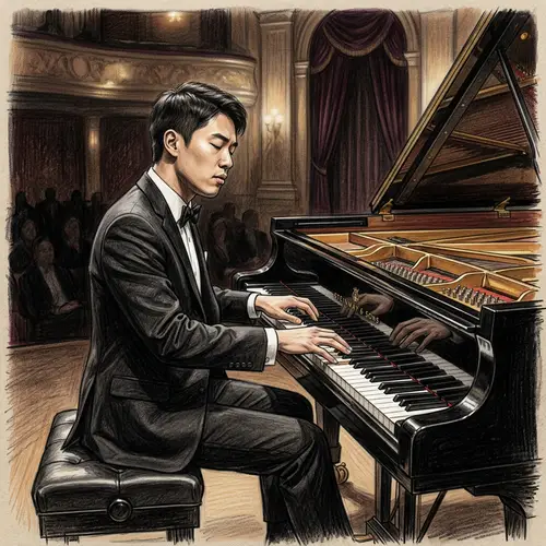 Professional Asian Male Pianist Playing Elegant Grand Piano