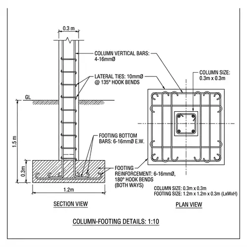Architectural Column-Footing Details: Plan & Section View