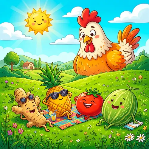 Cartoon Fruits and Veggies Relaxing in the Sun