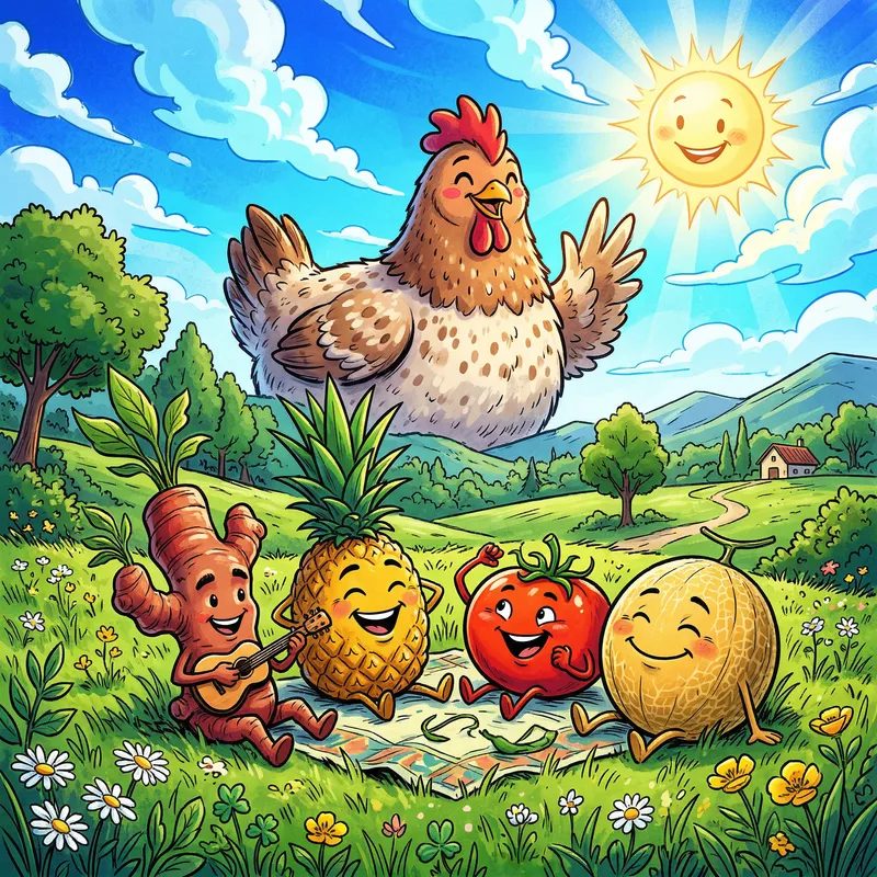 Whimsical Cartoon Fruits and Veggies on Green Grass