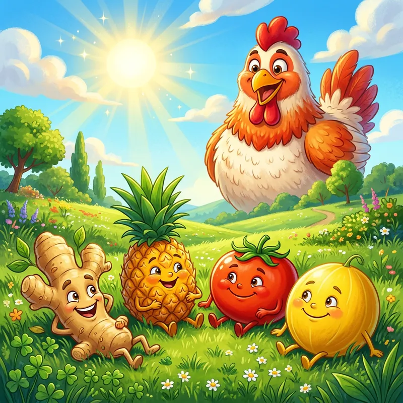 Cartoon Fruits and Veggies on Sunny Grass