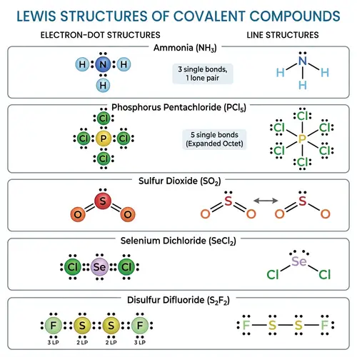 Lewis Structures of Covalent Compounds: KBr, SnPbSb, NH3, CaI2, CuSn, Na2O, CdS, PCl5, Mg3N2, BiPbSn, SO2, LiI, Al4C3, Ca3P2, SeCl2, S2F2, FeNi, NaF, Al