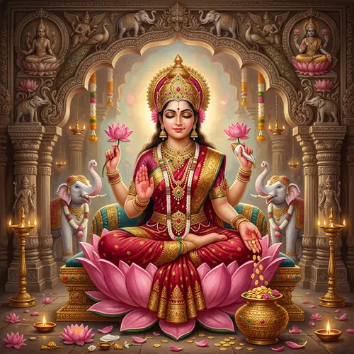 Majestic Goddess Lakshmi: Serene Lotus Seated Depiction