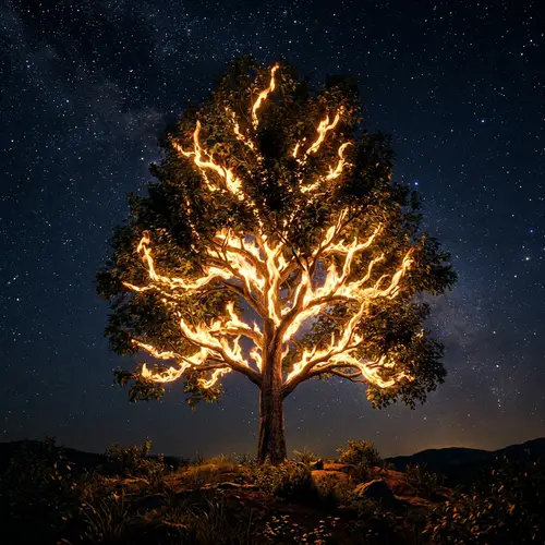 Lush Tree with Flame Pattern: A Magical Night Sky Scene