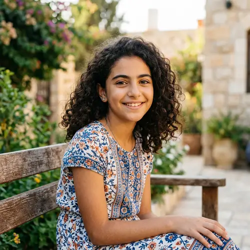 Middle-Eastern 12-Year-Old Girl with Curly Hair and Brown Eyes
