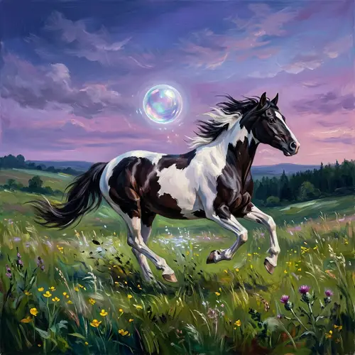 Galloping Paint Horse in Twilight Meadow | Enchanting Art