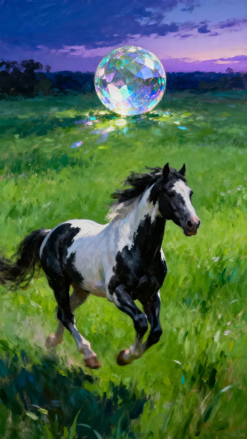 Galloping Paint Horse in Twilight Meadow | Enchanting Art Galloping Paint Horse in Twilight Meadow | Enchanting Art