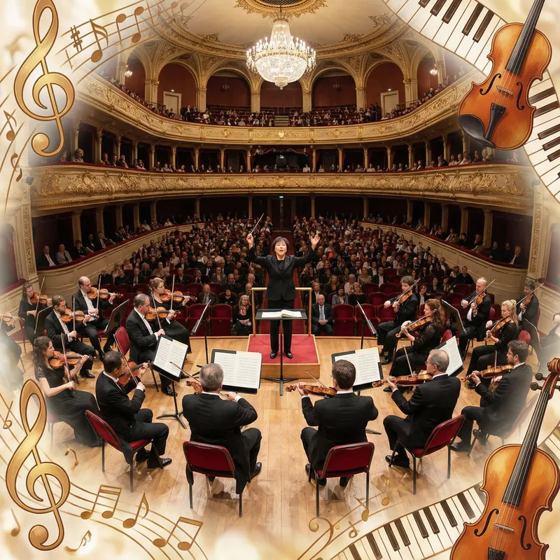 Diverse Grand Orchestra Performing Classical Music in Elaborate Concert Hall