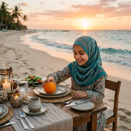 Olivia Muslim Girl Enjoying Orange on Seaside Dinner Table