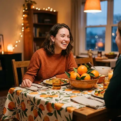 Olivia Enjoying Fresh Oranges at Dinner Table