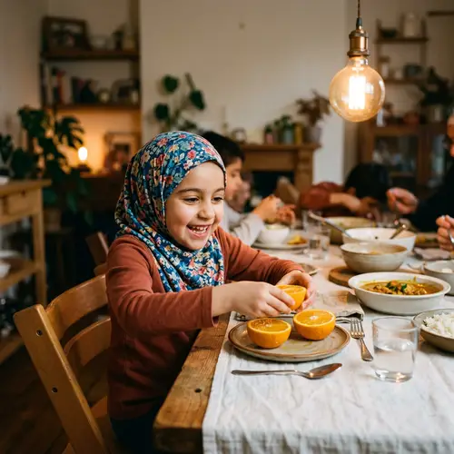 Olivia Muslim Girl Enjoying Juicy Orange at Dinner Table