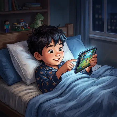 Young Asian Boy Playing Smartphone Game on Bed